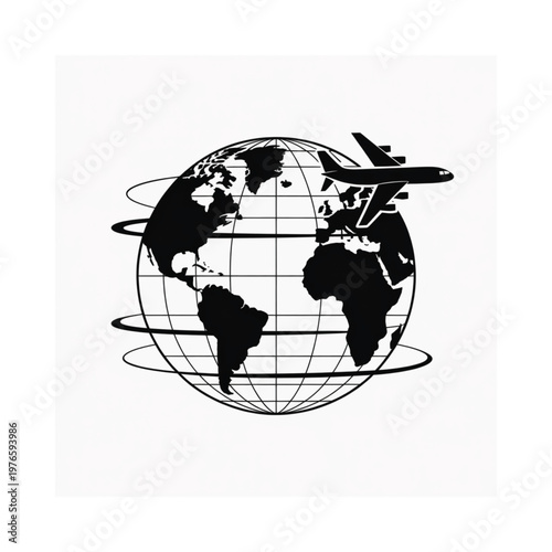 Airplane flying around a globe representing worldwide travel and connection