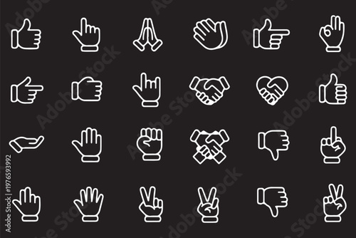Hand gesture icons set for communication and expression on white background