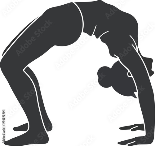 Black silhouette of woman practicing yoga wheel pose isolated on a white background for design