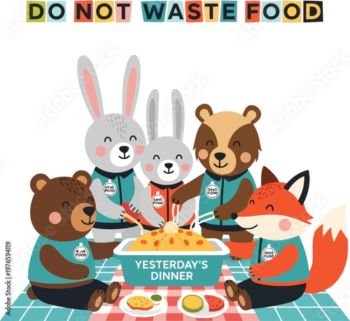 Cute cartoon animal group eating leftover food to promote sustainability and zero waste lifestyle awareness