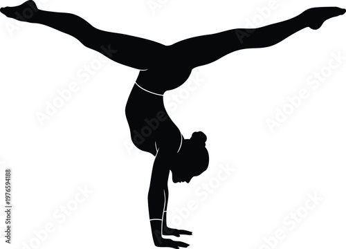 Black silhouette of a female gymnast performing a handstand split on isolated white background