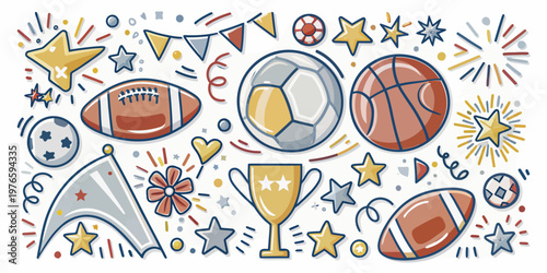 Collection of cartoonish sports equipment and symbols of victory with flat design sporting event equipment competition championship teamwork football basketball celebration decoration