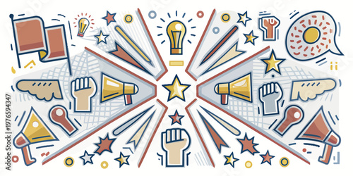 Concept of ideas and social action with megaphones and lightbulb speech bubble announcement background inspiration innovation creativity lightbulb activism megaphone communication abstract