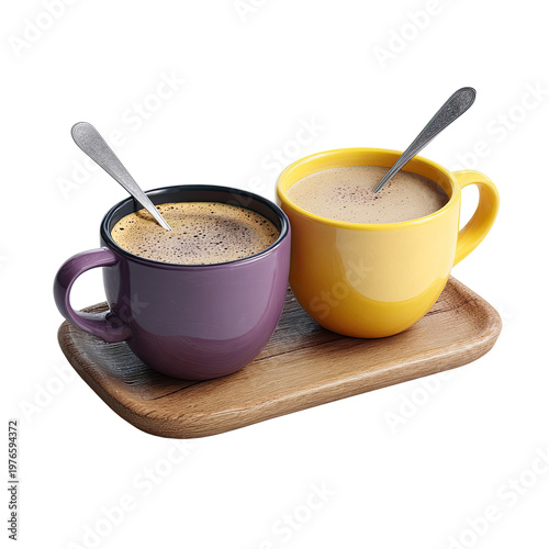 Warm Brews: A duo of steaming coffee mugs, one vibrant purple and the other sunny yellow, share a wooden tray, each poised with a stirring spoon, inviting a moment of serene indulgence.