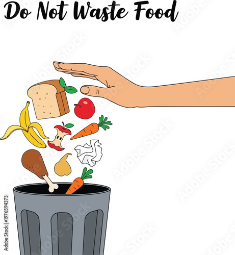 Stop Food Waste Concept Illustration Showing Human Hand Preventing Organic Trash From Entering The Bin