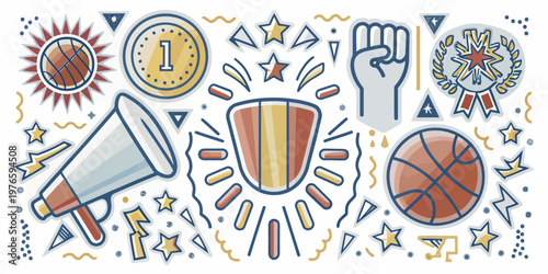 Sports achievement collage with basketball shield megaphone fist hand drawn achievement basketball megaphone number 1 champion competition celebration athletic championship recognition