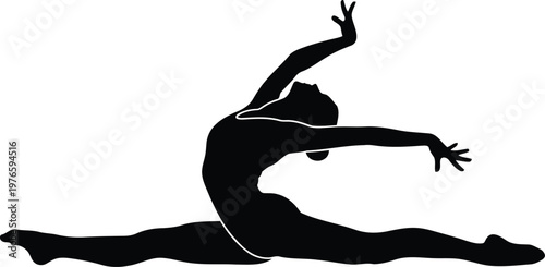 Black silhouette of a female gymnast performing a graceful leg split pose on white background