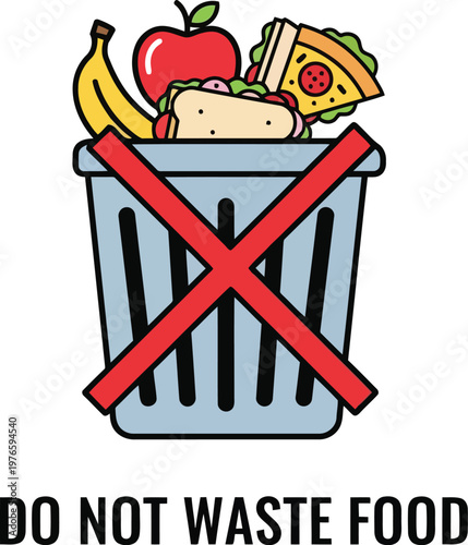 Do Not Waste Food Concept Illustration With Trash Can And Discarded Meals Vector Icon Design