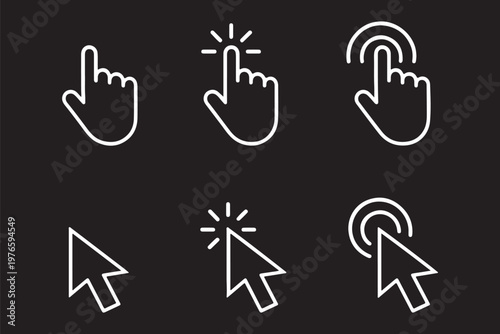 Five simple line art icons illustrating hand pointing and touching digital screen with subtle press indication effects