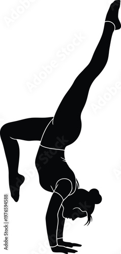 Black Silhouette of Flexible Female Gymnast Performing Handstand Balance Pose Isolated on White Background Vector