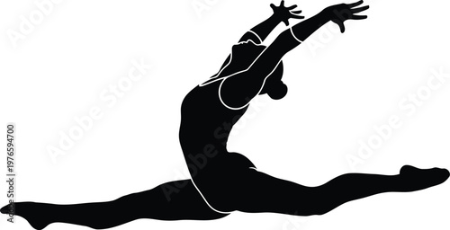 Black silhouette of a female gymnast performing a graceful split leap jump isolated on white
