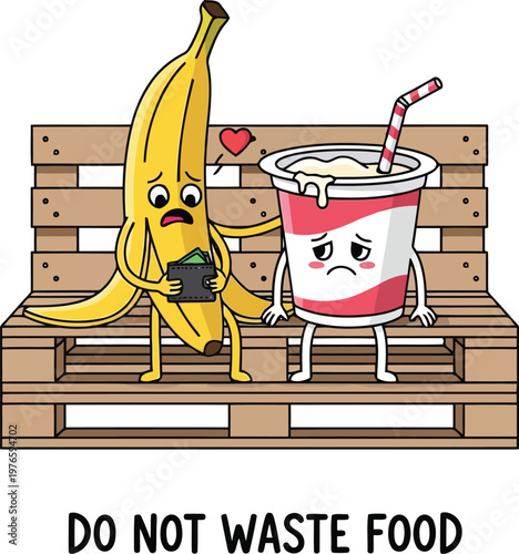 sad cartoon banana and yogurt cup sitting on wooden pallet bench concept do not waste