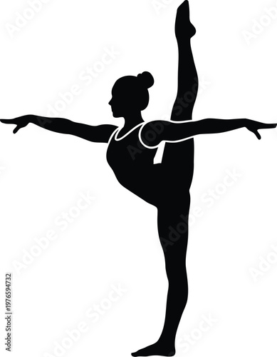 Black Silhouette of Young Woman Performing Vertical Split Pose Isolated on Plain White Background Graphic