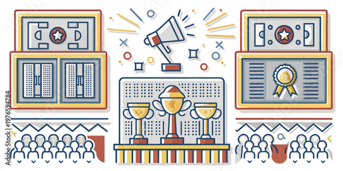 Sports awards ceremony with trophies and audience number one sports field celebration championship competition audience spectator cheering megaphone announcement recognition achievement