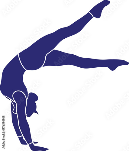 Blue silhouette of a woman performing an advanced gymnastics handstand pose isolated on white background