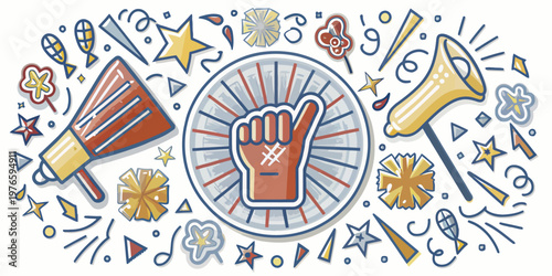 Sports fan cheering and support graphic with megaphone thumbs up hang loose sporting event cheering competition spectator enthusiasm excitement thumbs up megaphone fireworks confetti