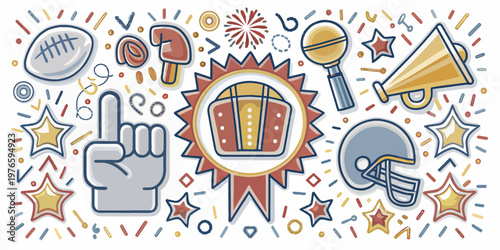 American football sports celebration and award elements with foam finger number one sporting event football competition champion celebration cheering championship fireworks confetti