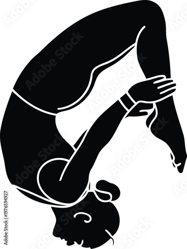 Black silhouette of a female gymnast performing an artistic aerial tuck jump on white background