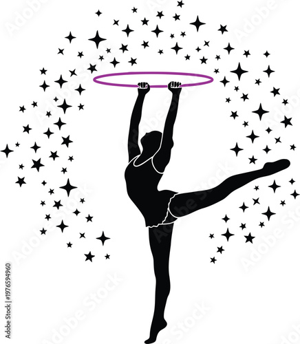 silhouette of rhythmic gymnast performing with hula hoop surrounded by sparkling star graphic elements design