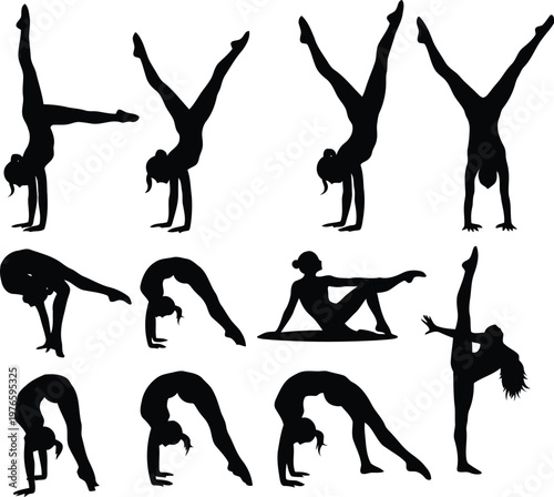 Set of black silhouettes of female gymnasts performing various acrobatic poses and balancing exercises
