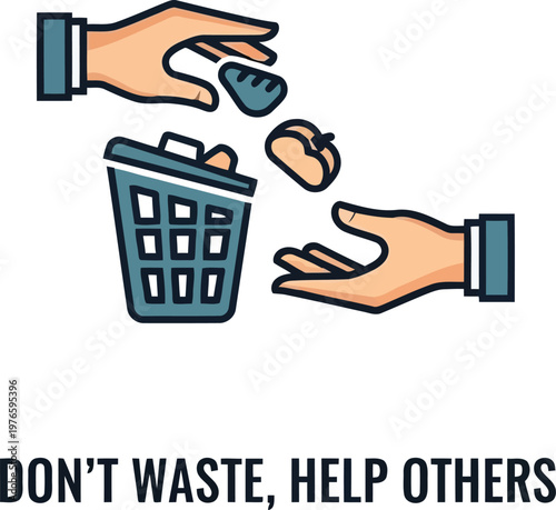 charity donation concept illustration showing food being shared instead of thrown in the trash bin