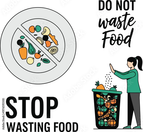 Stop Wasting Food Concept Illustration Featuring A Woman Throwing Away Leftover Fruits And Vegetables Bin