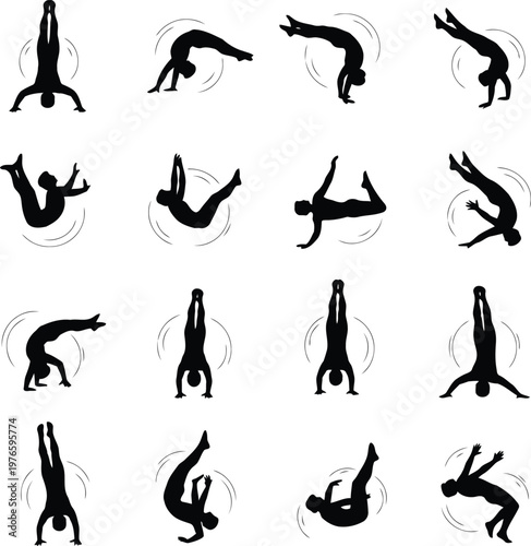 Set of black silhouettes showing various gymnastics and acrobatics poses isolated on white background