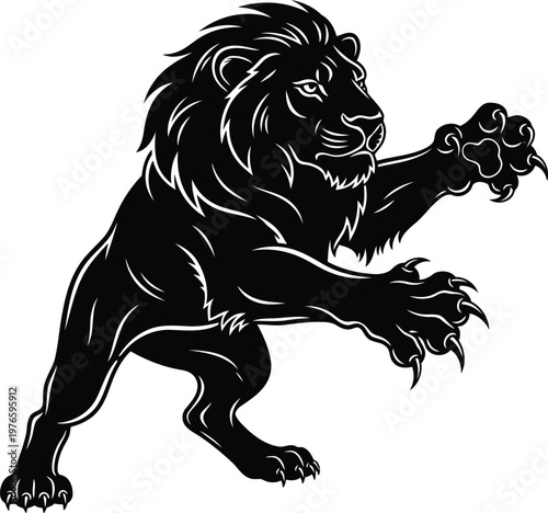 Black lion silhouette mascot emblem fierce predatory wild cat heraldic symbol isolated on white background