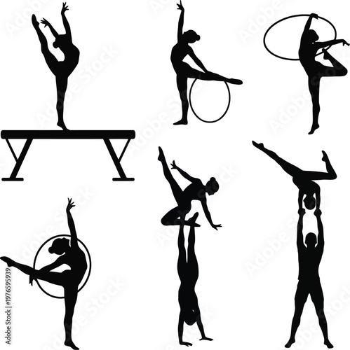 set of black artistic gymnastics and rhythmic gymnastics silhouettes showing athletes performing various balance poses