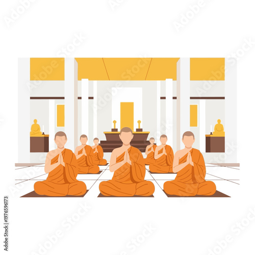Buddhist monks in orange robes meditating.