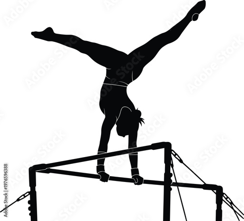 Black silhouette of a female gymnast performing a handstand split on uneven bars isolated white
