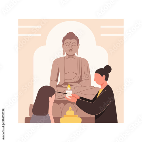 Woman offering candle to Buddha statue.