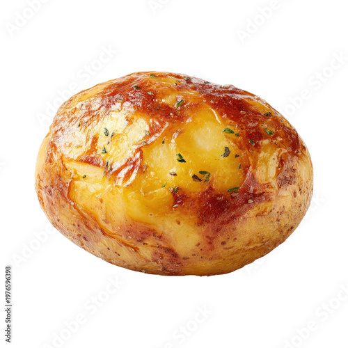 Golden Baked Potato: A perfectly golden baked potato with a glistening, textured skin, artfully seasoned, promising a burst of flavor and a comforting culinary experience.