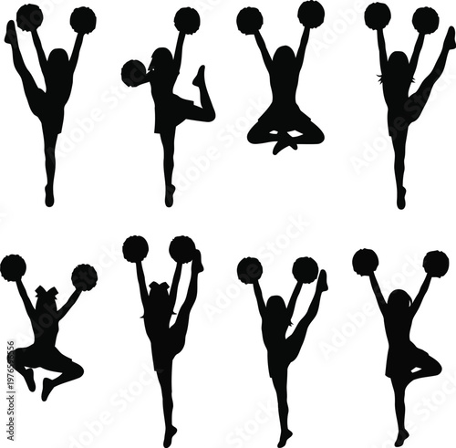 set of black cheerleader silhouettes performing athletic jumps and dance poses with pom poms isolated