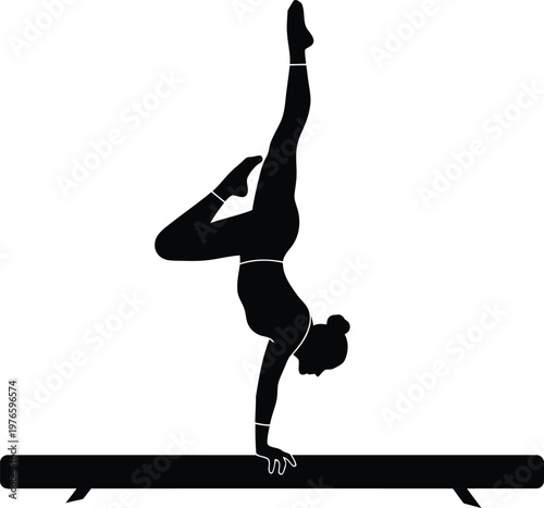 Black silhouette of a female gymnast performing a handstand exercise on a balance beam isolated