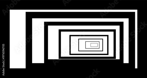Hand-drawn abstract perspective with nested black and white geometric frames creating a deep tunnel illustration