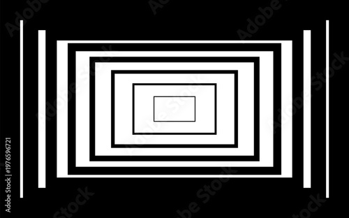 Hand-drawn black and white concentric rectangular frames creating a receding tunnel depth perspective art illustration