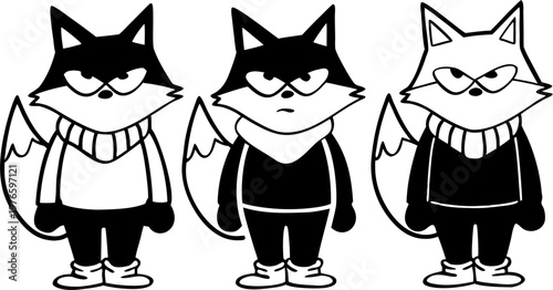 Konstfotografi Three Grumpy Cartoon Foxes Vector Character Illustration Set