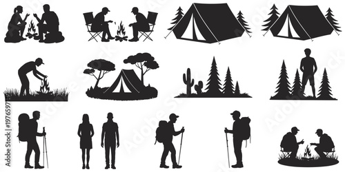 Camping tent hikers campfire silhouettes, outdoor adventure forest scene, people trekking backpack vector, wilderness lifestyle illustration, nature exploration activity, flat vector illustration