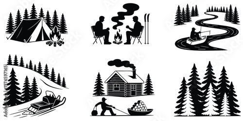 Camping tent pine trees campfire, people skiing outdoor fire, fishing boat river pine forest, snowmobile winter hill, cabin sled logs, flat vector illustration