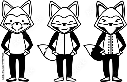 Set of Anthropomorphic Fox Characters in Line Art Style