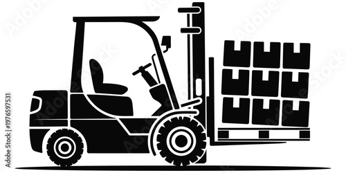 Forklift lifting pallet boxes silhouette, warehouse logistics equipment vector, industrial material handling illustration, cargo transport machinery design, storage operation tool, flat vector illustr
