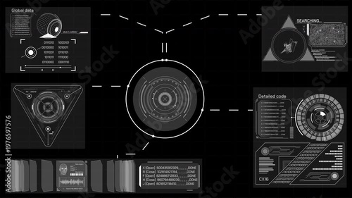 Animated screen displaying data search and analysis, coding, and database