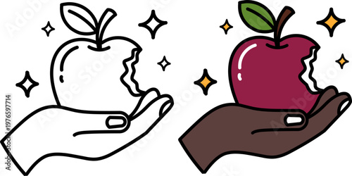 Healthy bitten apple hand held. Minimalist vector for nutrition and dieting concept