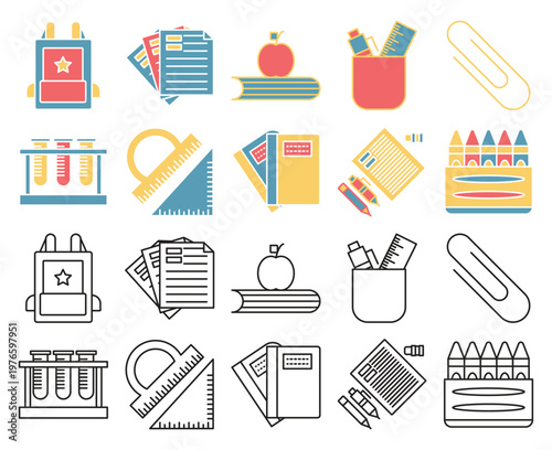 Colorful Education Icons Collection, Back to School Vector Illustration Set