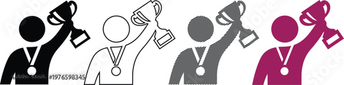 Winning athlete with trophy and medal vector illustration collection for success concept.
