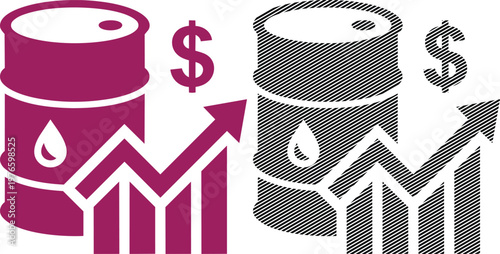 Oil price increase vector illustration, dollar sign and barrel with drop of oil and up arrow.