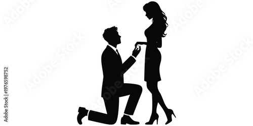 Marriage proposal couple silhouette, romantic engagement moment vector, love commitment illustration, kneeling man ring design, wedding relationship scene, flat vector illustration