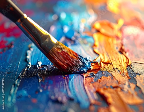 Close-up of a paintbrush with colorful oil paints on a palette.