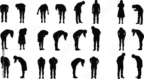 Human body silhouettes bending poses set male female figures posture stress fatigue vector illustration isolated anatomy movement concept collection